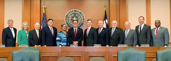 Sunset Advisory Commission members (left to right) are public member William Meadows; State Representatives Cindy Burkett, Dan Flynn, Richard Peña Raymond, Senfronia Thompson, and Chair Larry Gonzales; and State Senators including Vice Chair Van Taylor, Juan “Chuy” Hinojosa, Robert Nichols, Kirk Watson; and public member Allen West.