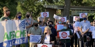 Travis County Democratic Party Chair Katie Naranjo at a rally against Prop A