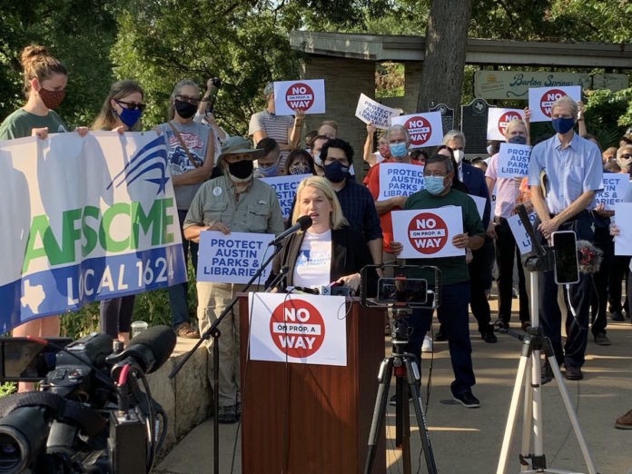 Travis County Democratic Party Chair Katie Naranjo at a rally against Prop A